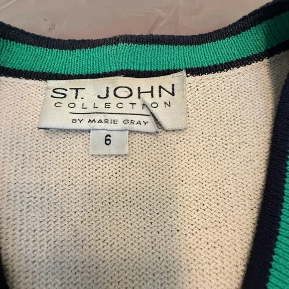 St John Vintage Cream/Navy/Green/Golf Button Sweater/Jacket Size 6/S MSRP $1295 - Picture 5 of 12